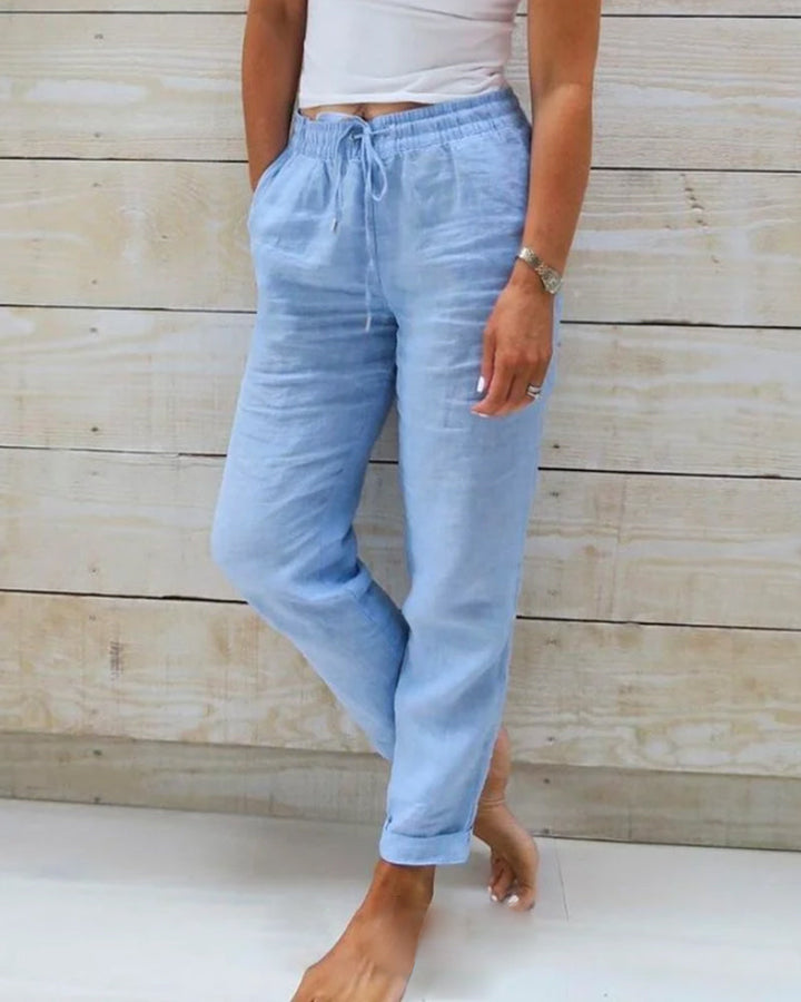 Women's Elastic Waist Cotton Linen Wide Leg Pants - Everyday Wear