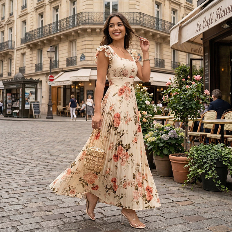 Women's Vintage Floral Pleated Maxi Dress – Summer Occasions – view 3