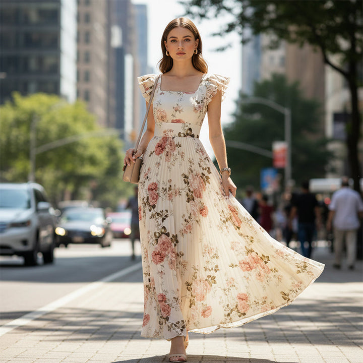 Women's Vintage Floral Pleated Maxi Dress – Summer Occasions – view 4