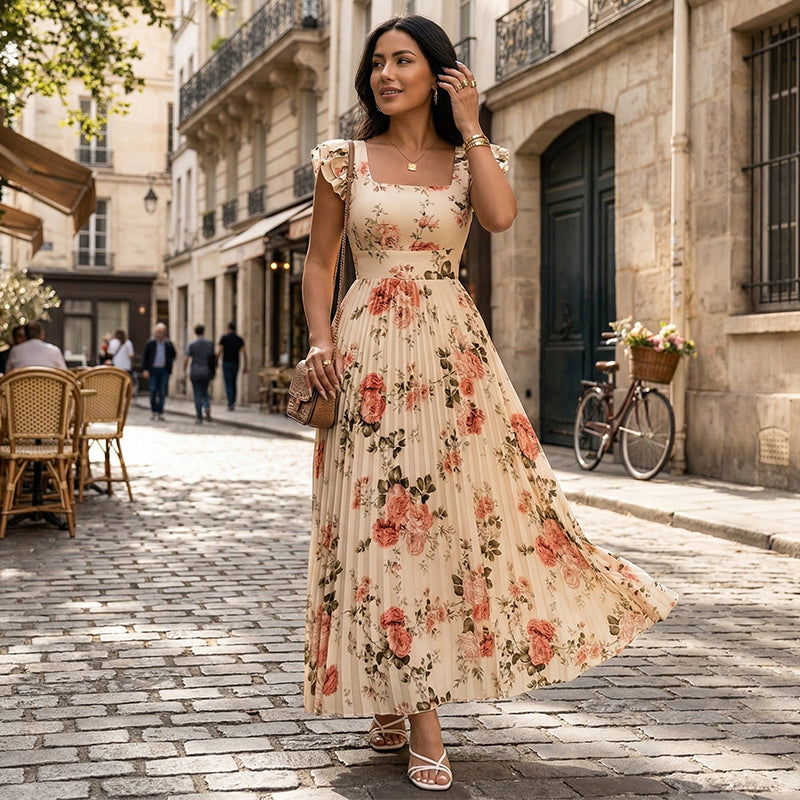 Women's Vintage Floral Pleated Maxi Dress – Summer Occasions – view 6