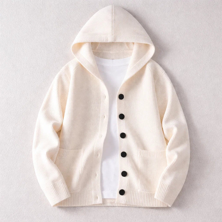 Men's Wool-Blend Hooded Cardigan – Knit Layering Jacket – Oatmeal