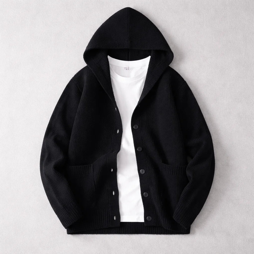 Men's Wool-Blend Hooded Cardigan – Knit Layering Jacket – Black