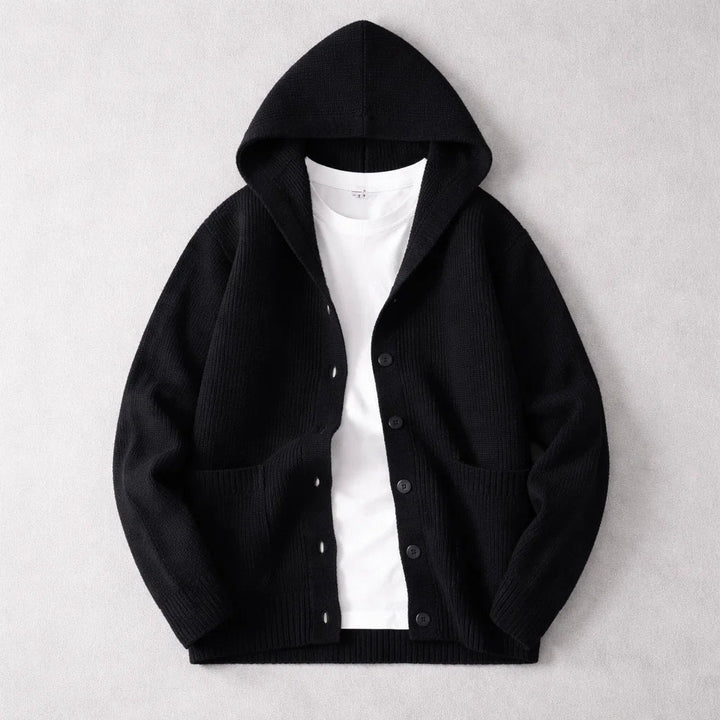 Men's Wool-Blend Hooded Cardigan – Knit Layering Jacket – Black