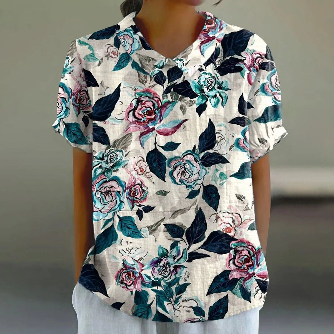 Women's Painted Rose Print Blouse - Effortless Elegance