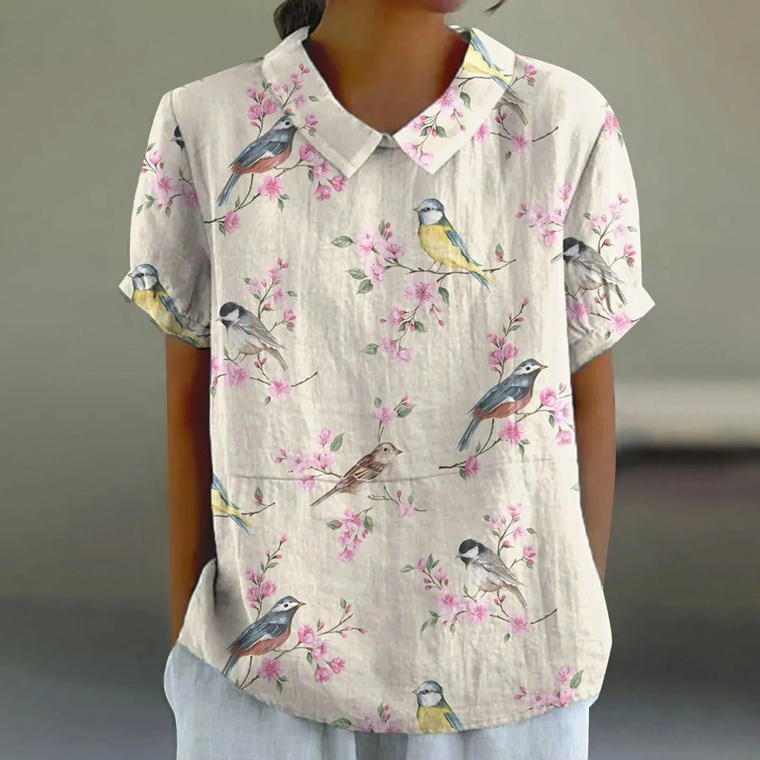 Women's Linen Songbird & Cherry Blossom Blouse - Everyday Romance