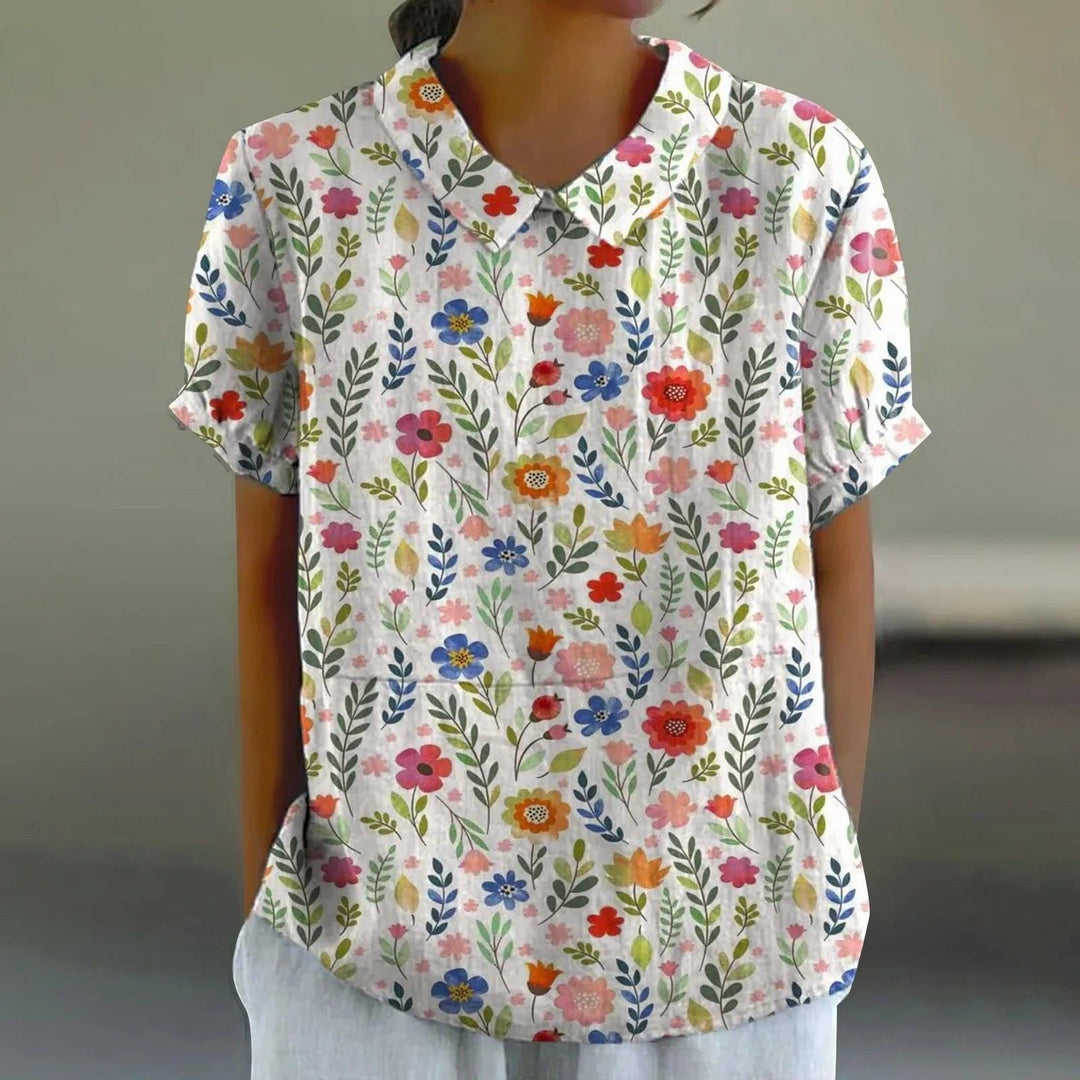 Women's Cotton Linen Garden Meadow Print Blouse - Breezy Summer Style