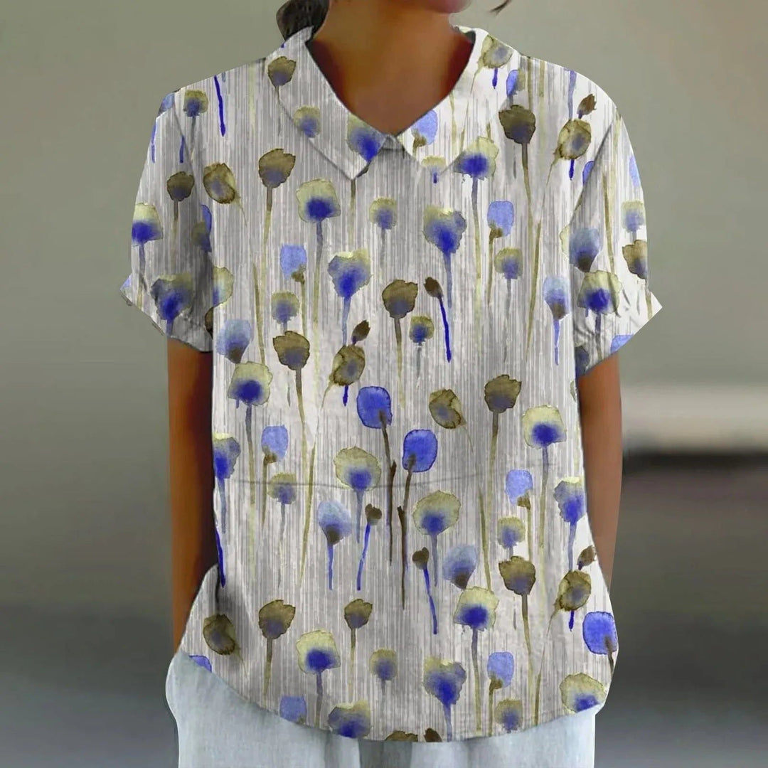 Women's Linen Blue Poppy Print Blouse - Effortless Summer Style