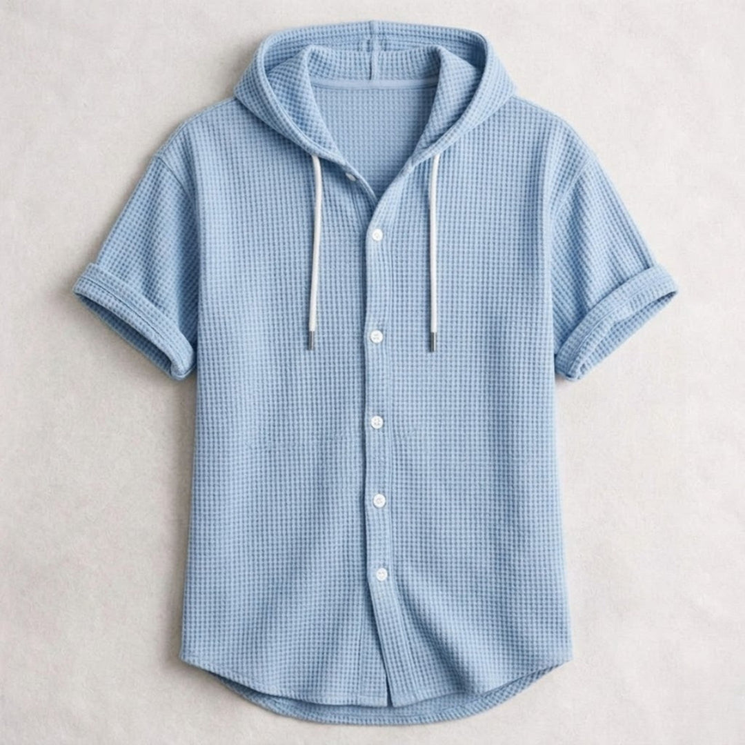Men's Cotton Waffle Hooded Shirt – Relaxed Long-Sleeve Overshirt – Blue