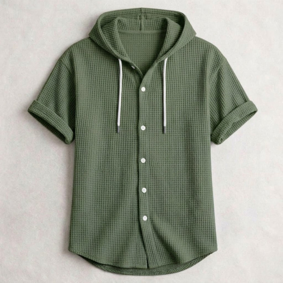 Men's Cotton Waffle Hooded Shirt – Relaxed Long-Sleeve Overshirt – Green