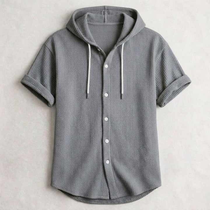 Men's Cotton Waffle Hooded Shirt – Relaxed Long-Sleeve Overshirt – Grey