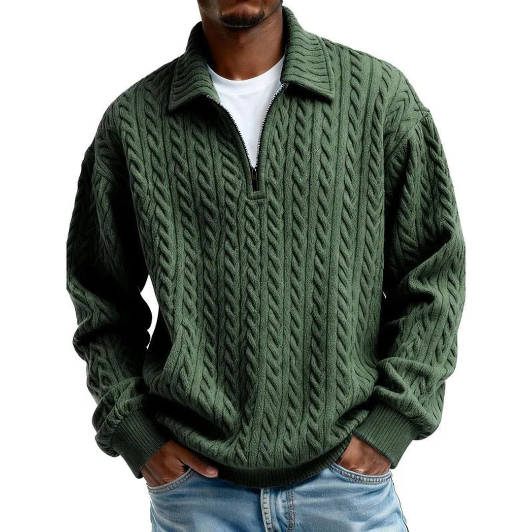 Men's Cable-Knit Quarter-Zip Jumper – Spread Collar Knitwear – Emerald Green
