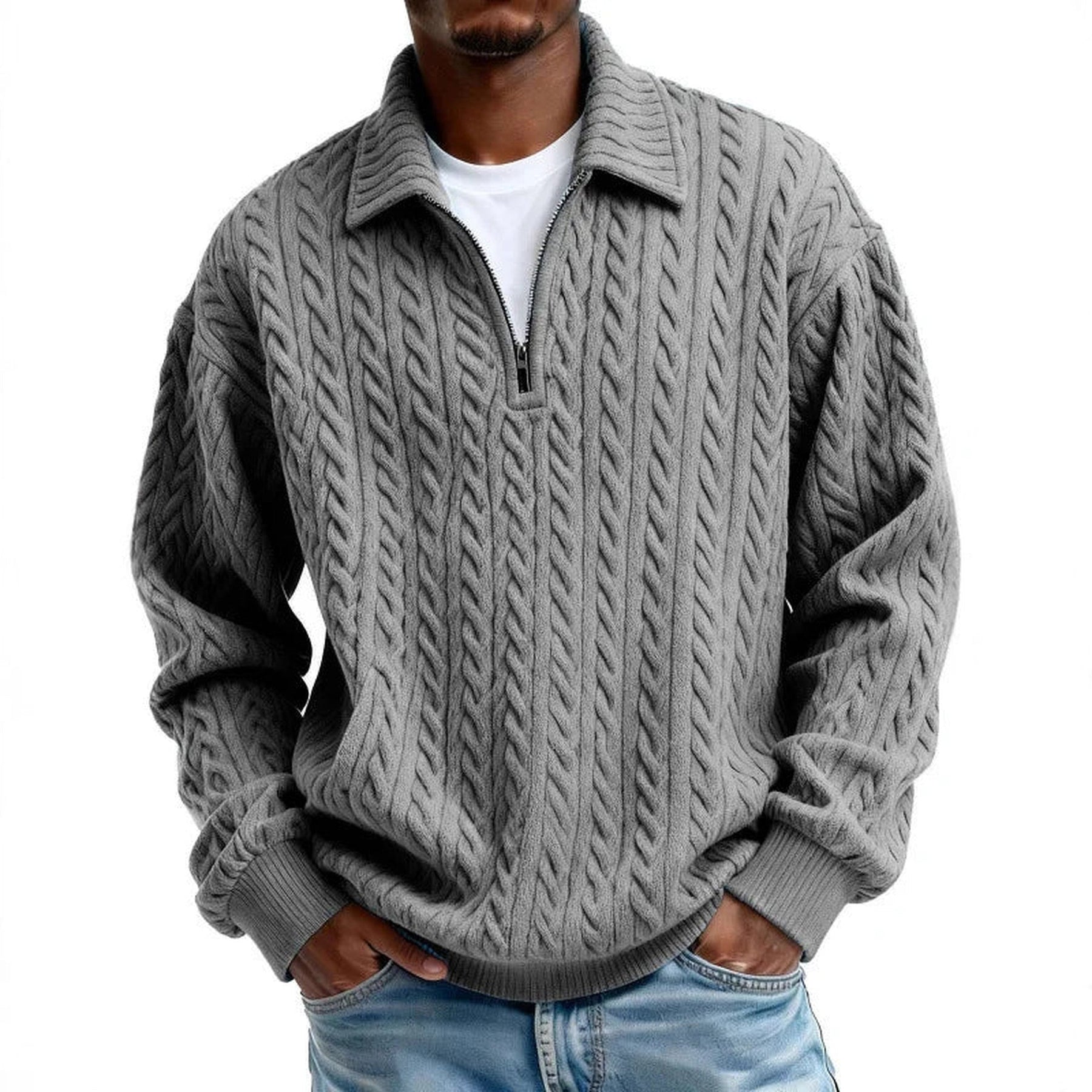 Men's Cable-Knit Quarter-Zip Jumper – Spread Collar Knitwear – Slate Grey
