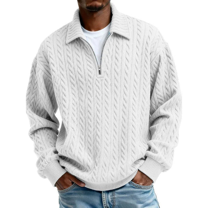 Men's Cable-Knit Quarter-Zip Jumper – Spread Collar Knitwear – Pearl