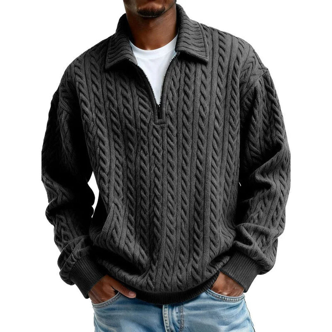 Men's Cable-Knit Quarter-Zip Jumper – Spread Collar Knitwear – Dark Grey