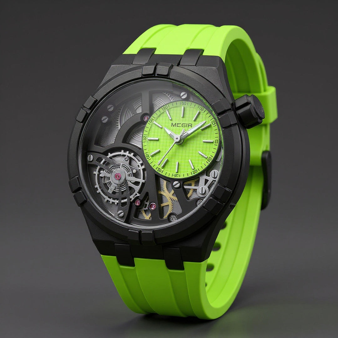 Men's Skeleton Quartz Watch 45mm – Exposed-Dial Silicone Strap – Lime Green