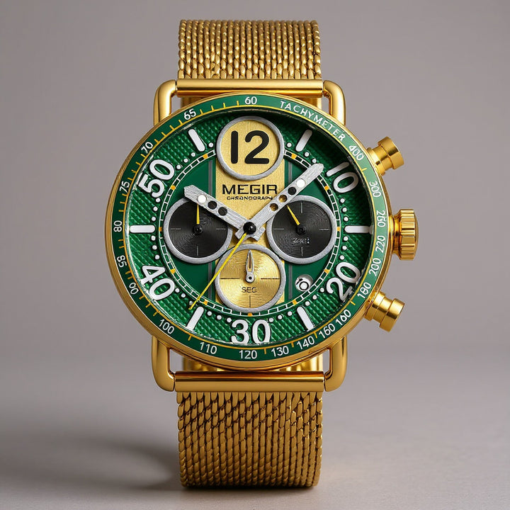 Men's Chronograph Watch 44mm – Gold-Tone Milanese Mesh Bracelet – Savile Green