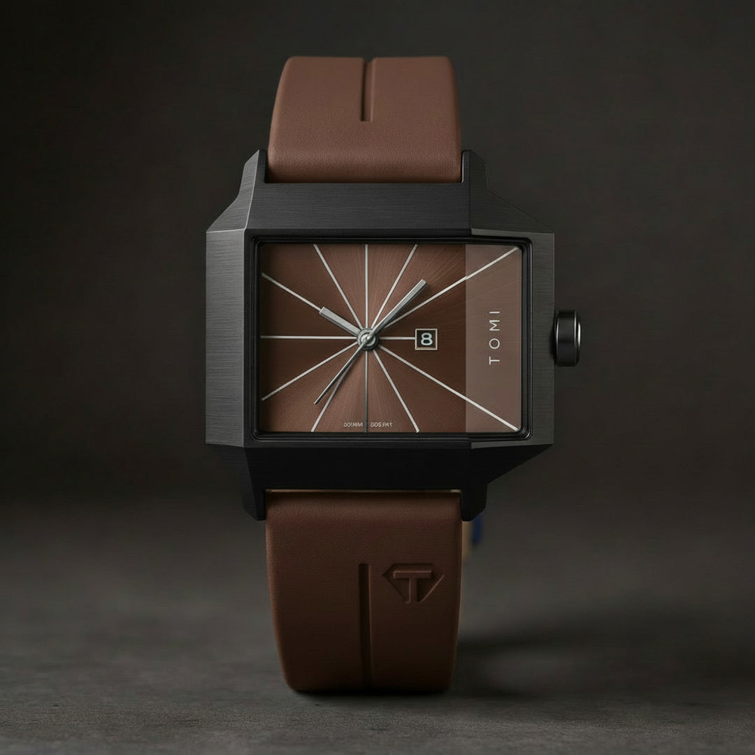 Men's Quartz Watch 39mm – Geometric Sunburst Dial – Silicone Strap – Espresso Brown