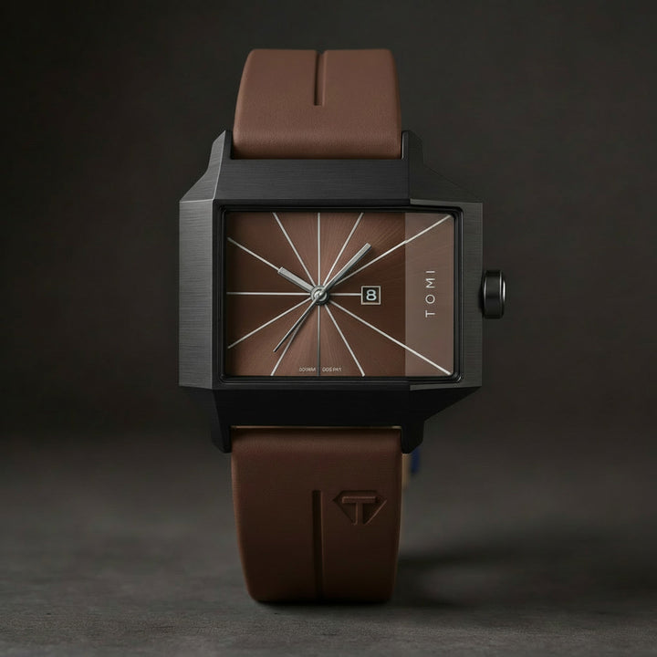 Men's Quartz Watch 39mm – Geometric Sunburst Dial – Silicone Strap – Espresso Brown