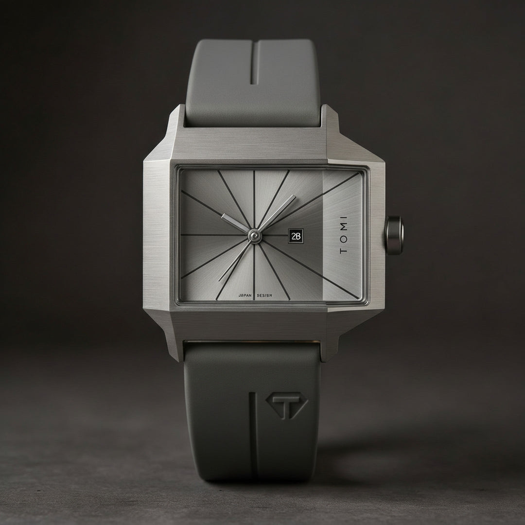 Men's Quartz Watch 39mm – Geometric Sunburst Dial – Silicone Strap – Slate Gray