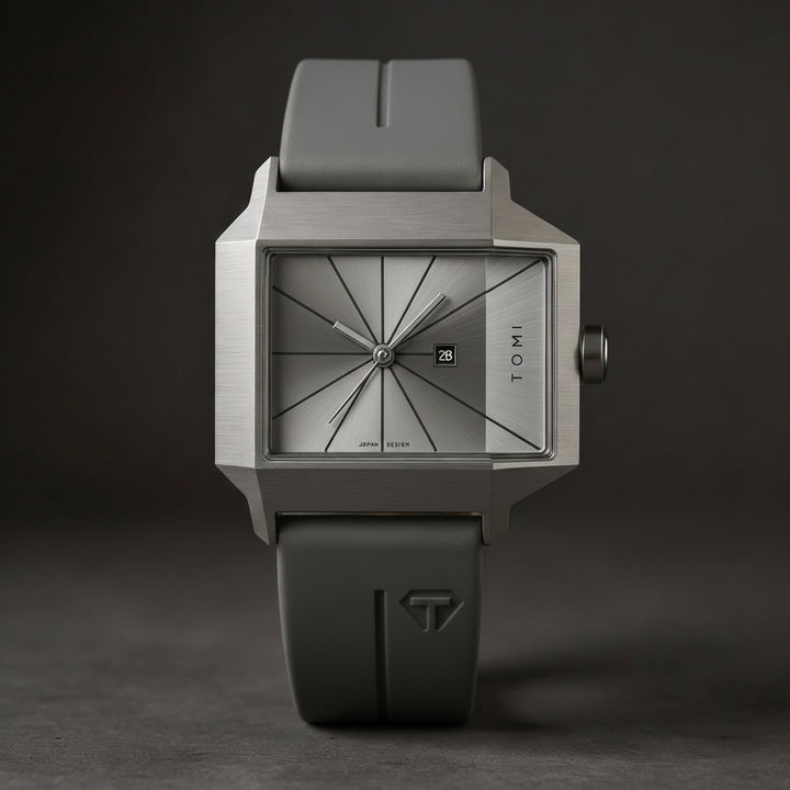 Men's Quartz Watch 39mm – Geometric Sunburst Dial – Silicone Strap – Slate Gray