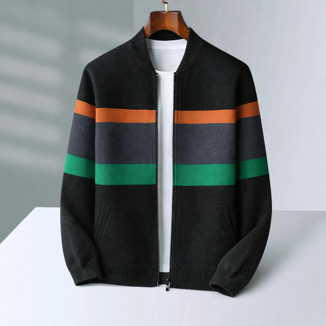Men's Cashmere Bomber Jacket – Striped Full-Zip Knitted Layer – Black Green
