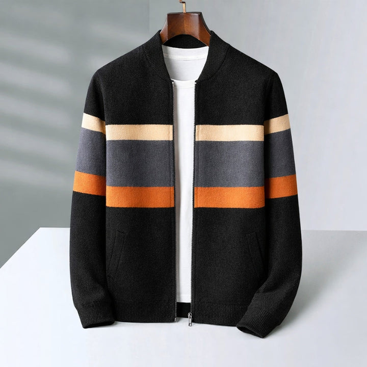 Men's Cashmere Bomber Jacket – Striped Full-Zip Knitted Layer – Black Orange