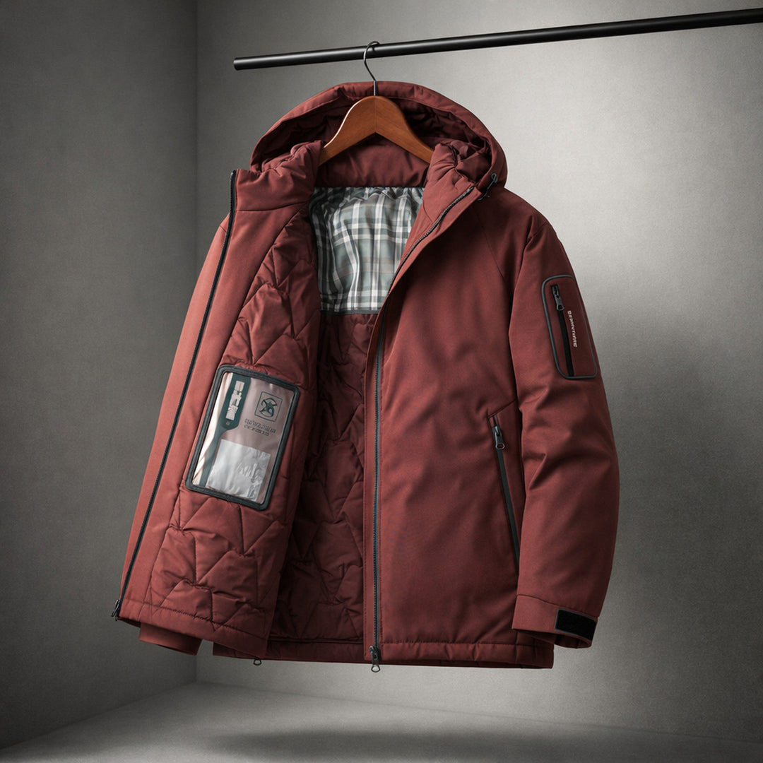 Men's Hooded Down Puffer Jacket – Water-Resistant Quilted Coat – Red