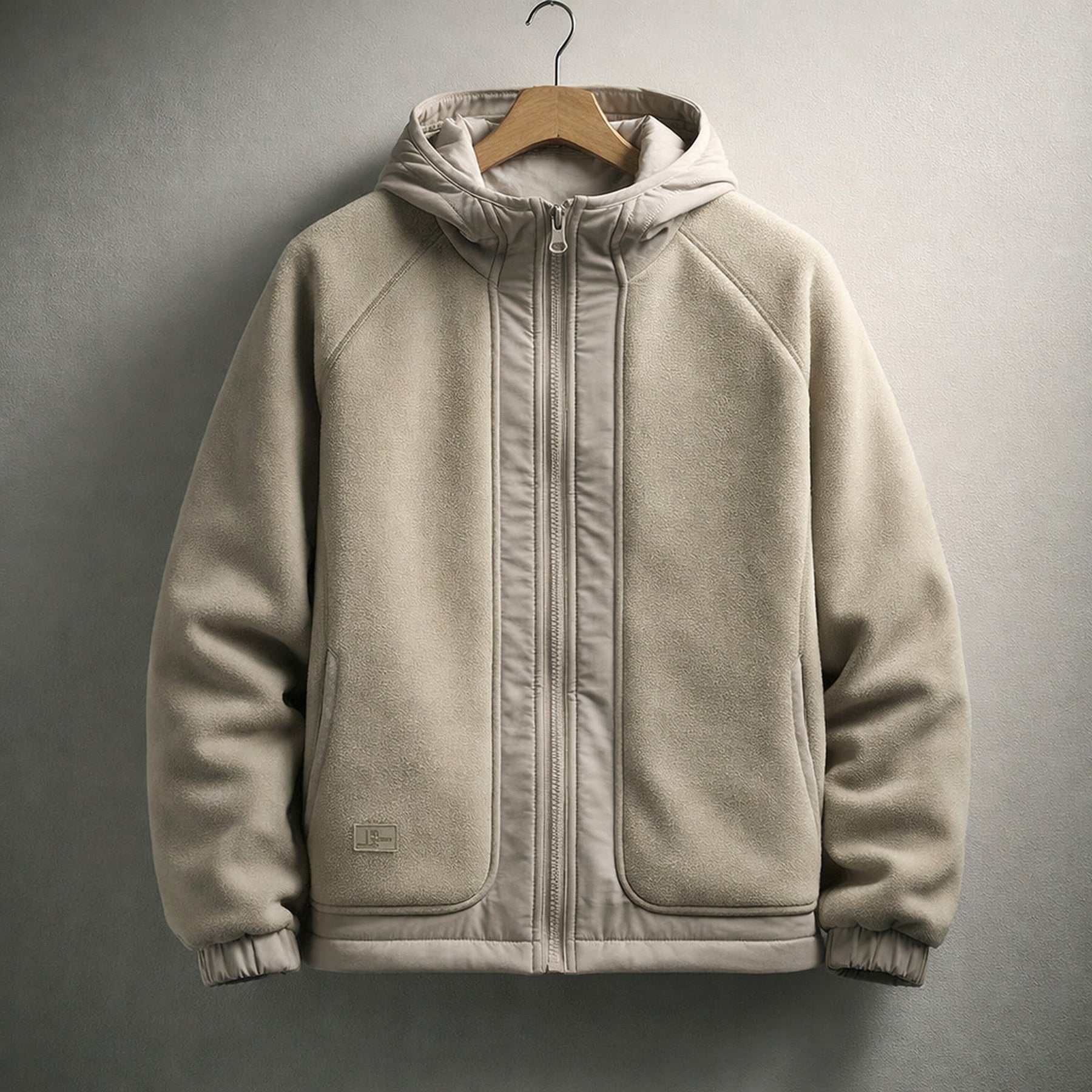 Men's Hooded Fleece Jacket – Two-Panel Layering Jacket with Pockets – Cream