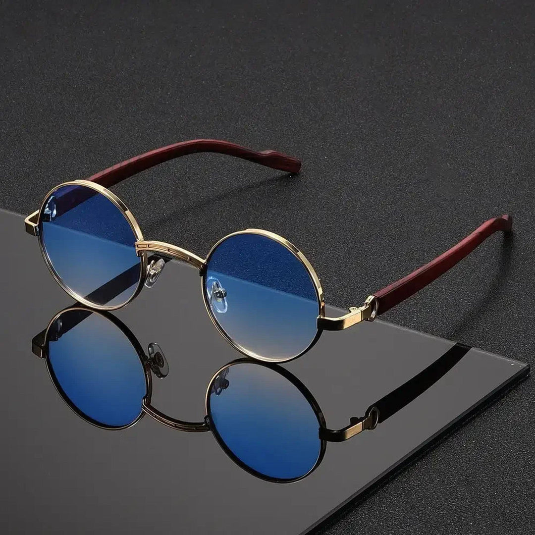 Men's Round Sunglasses - Metal Frame UV400 Wood-Grain – Red
