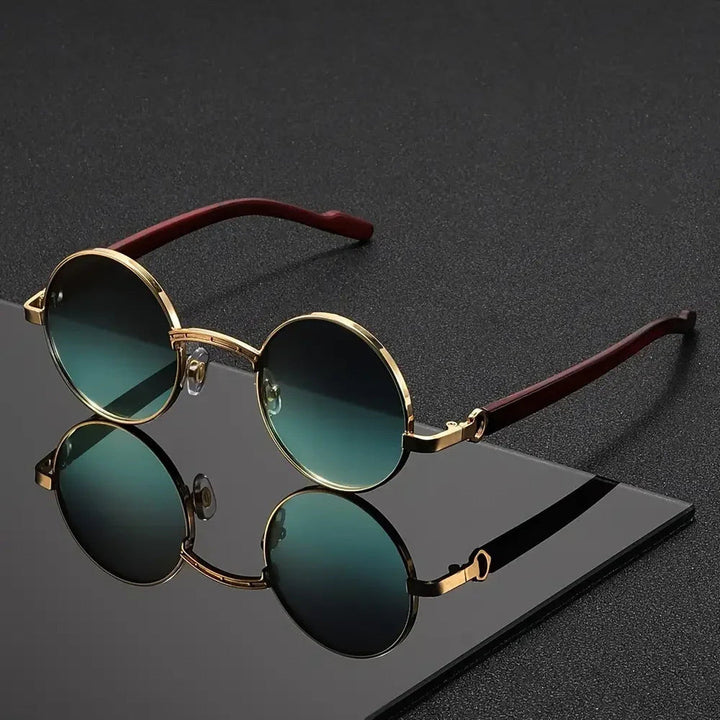 Men's Round Sunglasses - Metal Frame UV400 Wood-Grain – Blue