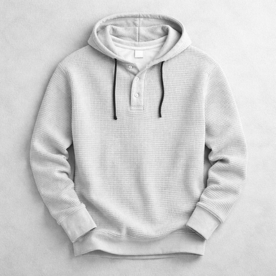 Men's Waffle-Knit Henley Hoodie – Textured Cotton Hooded Top – Grey