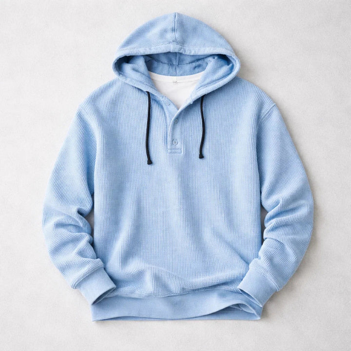 Men's Waffle-Knit Henley Hoodie – Textured Cotton Hooded Top – Brown