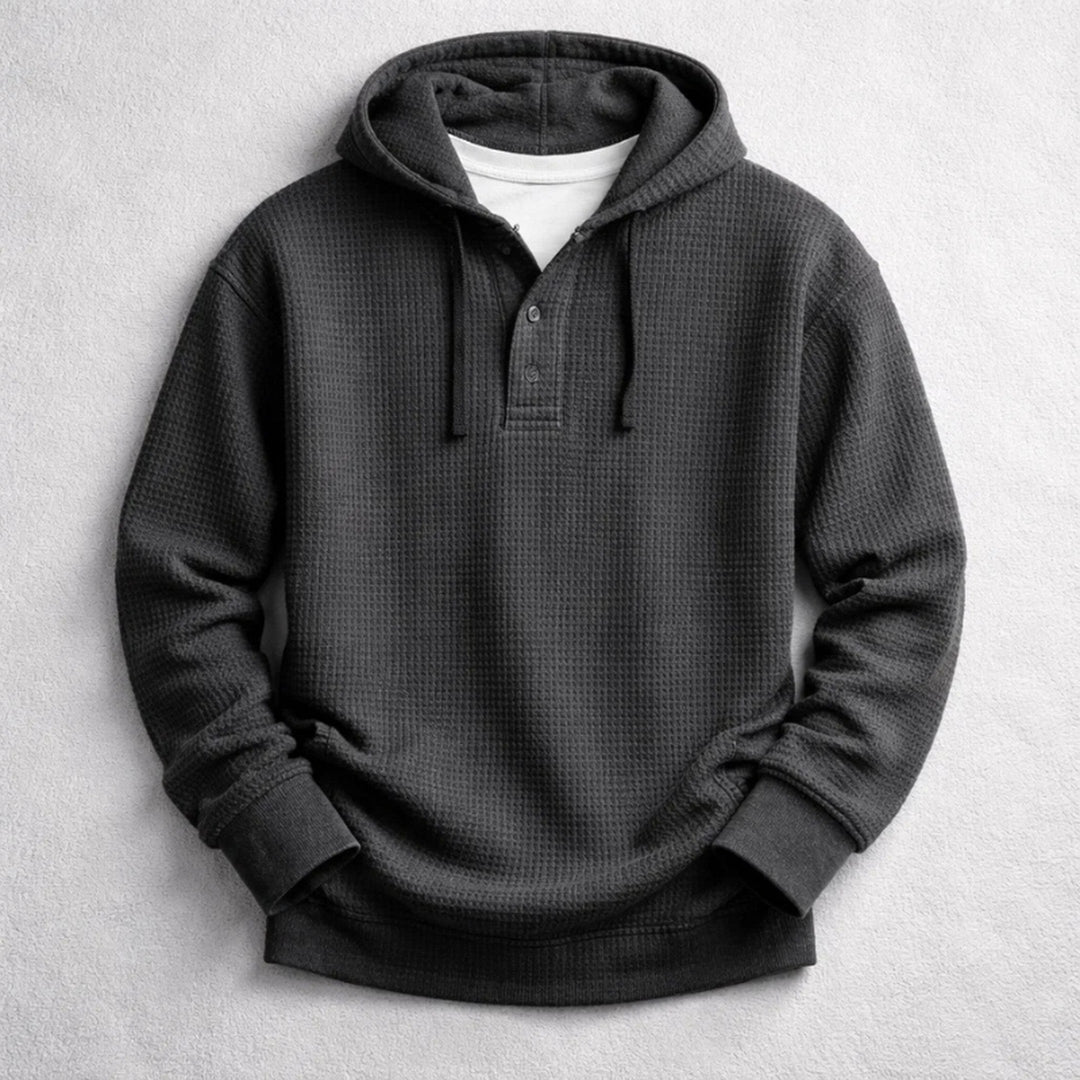 Men's Waffle-Knit Henley Hoodie – Textured Cotton Hooded Top – Black