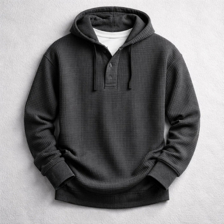 Men's Waffle-Knit Henley Hoodie – Textured Cotton Hooded Top – Black