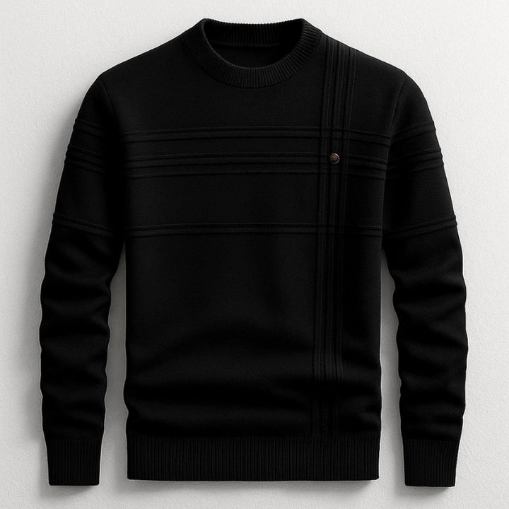 Men's Cotton Crew Neck Jumper – Ribbed Midweight Knit Sweater – Black