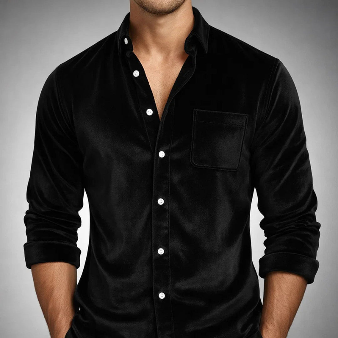 Men's Velvet Shirt – Tailored Smart Evening Occasion Top – Black