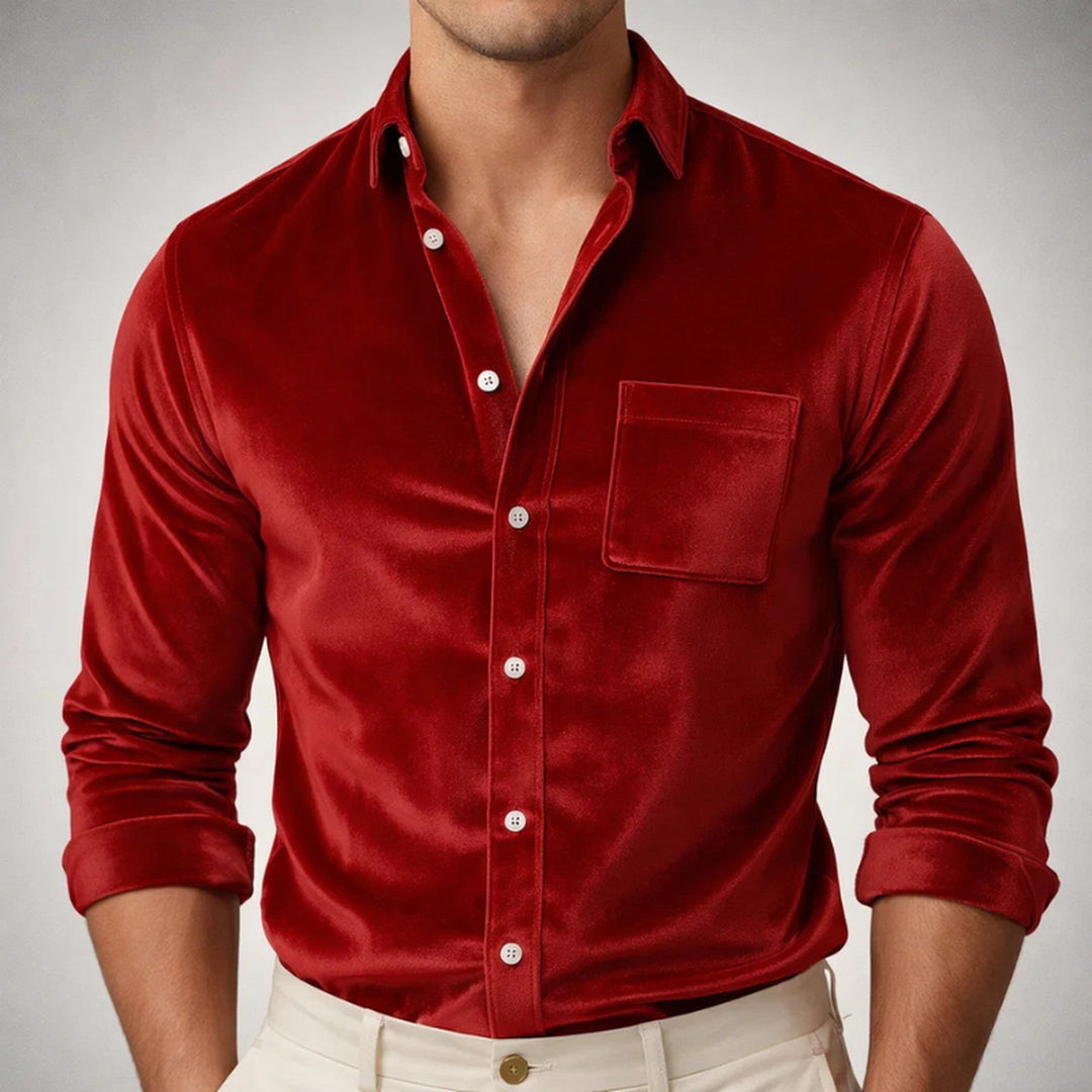 Men's Velvet Shirt – Tailored Smart Evening Occasion Top – Red