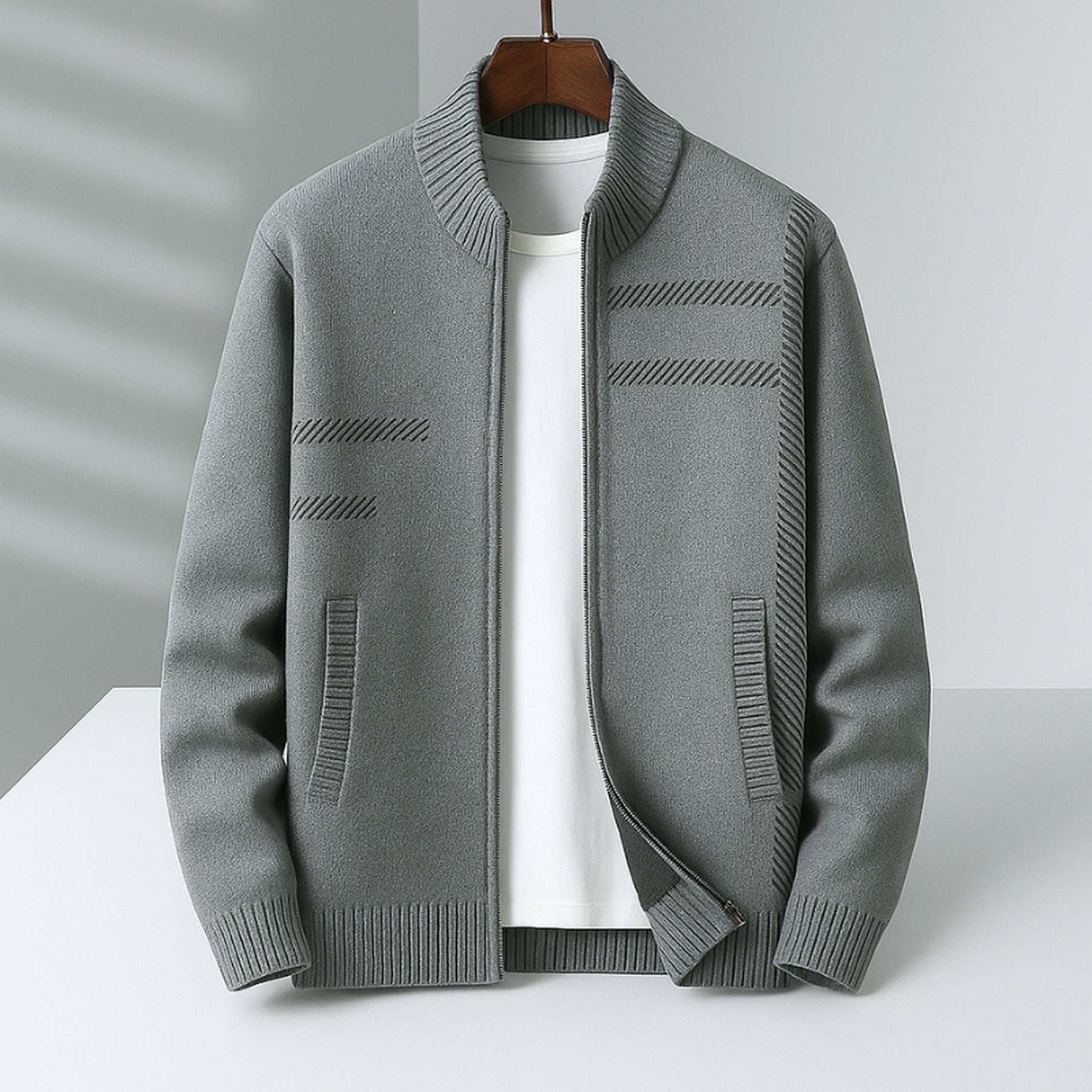 Men's Cashmere Jacket – Full-Zip Knit Layering Coat – Grey