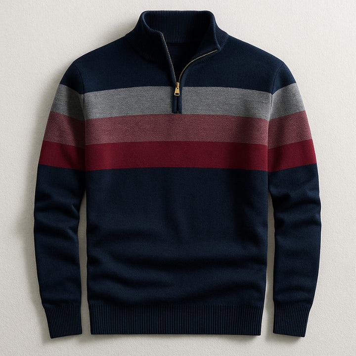 Men's Cotton Quarter-Zip Sweater – Striped Knit Jumper – Navy