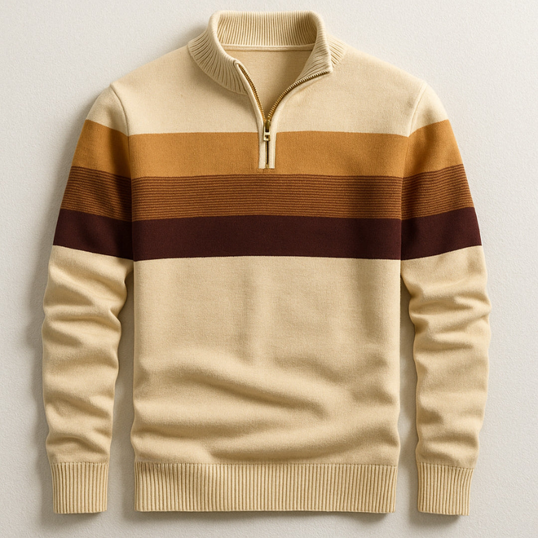 Men's Cotton Quarter-Zip Sweater – Striped Knit Jumper – Brown