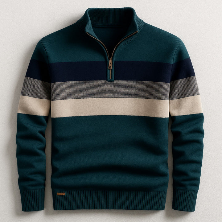 Men's Cotton Quarter-Zip Sweater – Striped Knit Jumper – Green