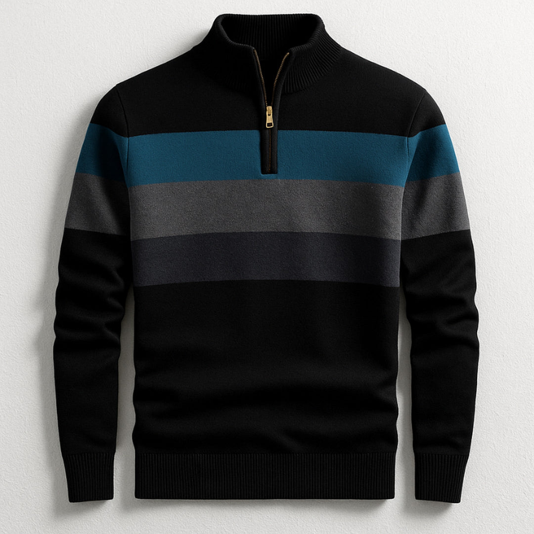 Men's Cotton Quarter-Zip Sweater – Striped Knit Jumper – Black
