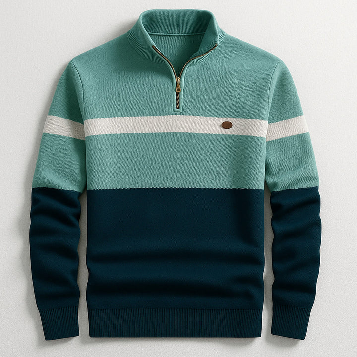 Men's Quarter-Zip Pullover – Colour-Block Cotton Jumper – Green Navy