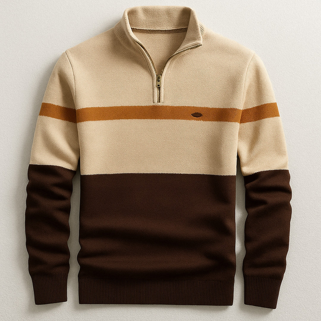 Men's Quarter-Zip Pullover – Colour-Block Cotton Jumper – Brown Cream