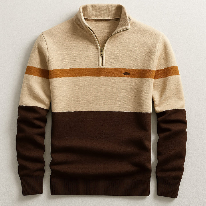 Men's Quarter-Zip Pullover – Colour-Block Cotton Jumper – Brown Cream