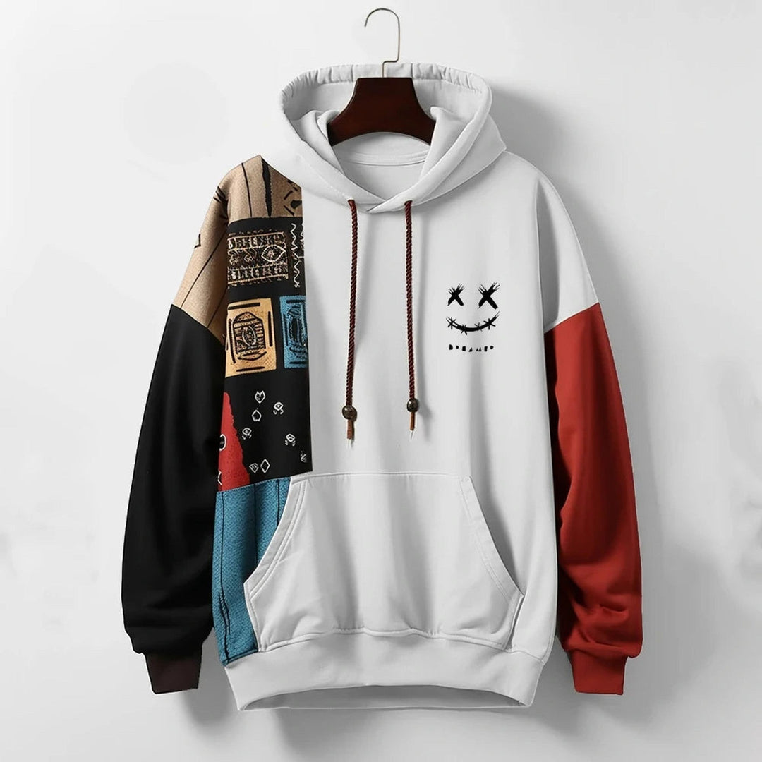 Men's Cotton-Blend Hoodie – Contrast Patchwork Casual – White