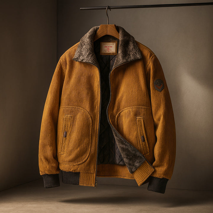 Men's Corduroy Aviator Jacket – Fur Collar Fleece-Lined Coat – Khaki