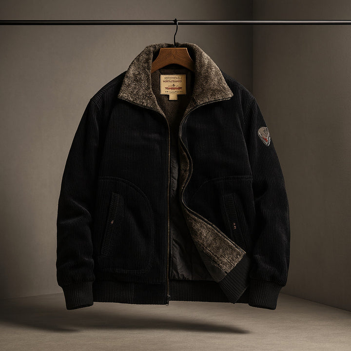 Men's Corduroy Aviator Jacket – Fur Collar Fleece-Lined Coat – Black