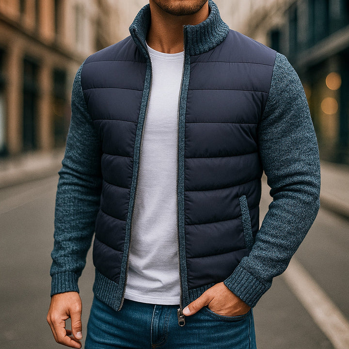 Men's Hybrid Quilted Jacket – Knit-Sleeve Lightweight Layer – Light Grey