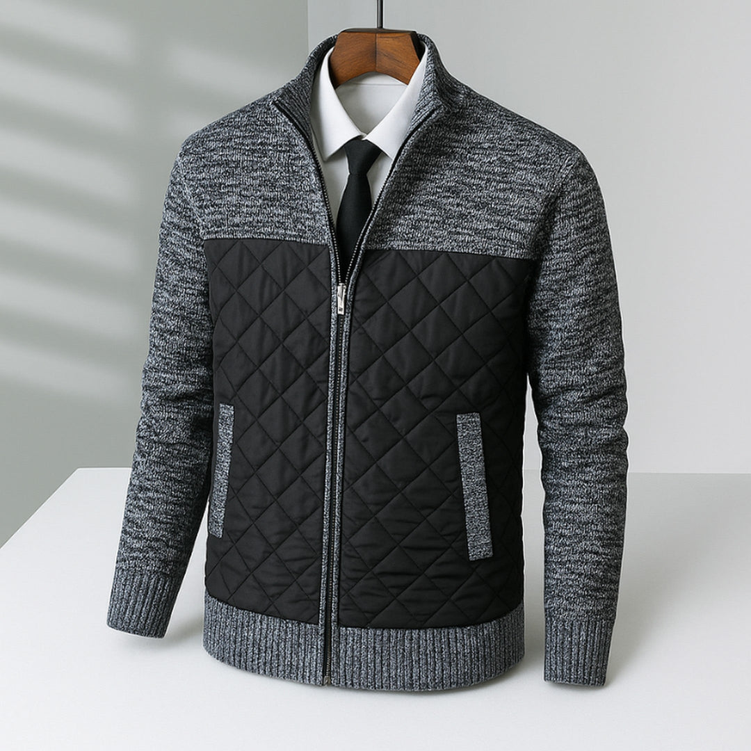 Men's Quilted Hybrid Jacket – Knit-Sleeve Funnel-Neck Layer – Charcoal